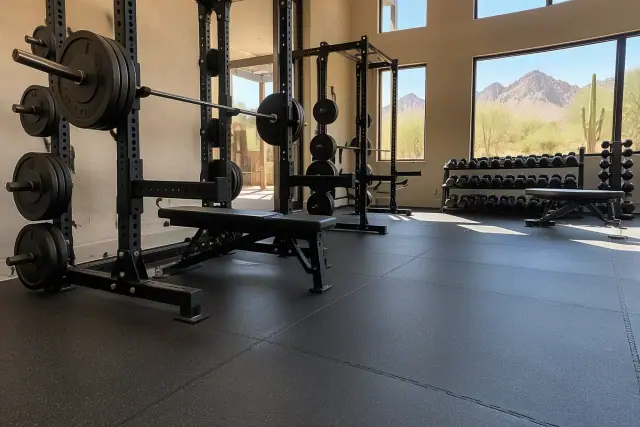 Rubber floor tile installation for a weightlifting zone in Paradise Valley, AZ.