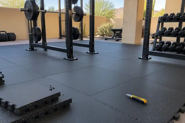 Rubber floor tile installation in a commercial fitness weightlifting zone in Chandler, AZ.