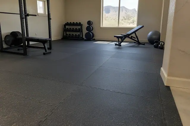 Rubber floor tile installation in a residential basement exercise space in Fountain Hills, AZ.