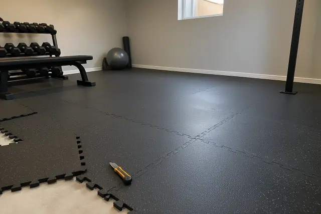 Rubber floor tile installation in a residential basement exercise space in San Tan Valley, AZ.