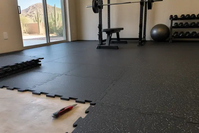 Rubber floor tile installation in a residential basement exercise space in Phoenix, AZ.