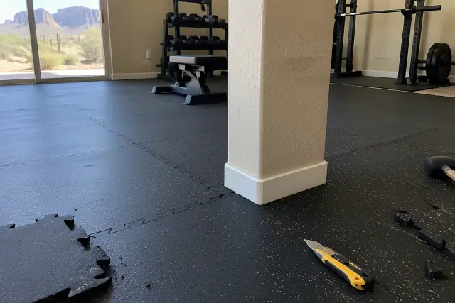Puzzle-edge rubber floor tiles fitted tightly around a corner column in an Apache Junction, AZ home.