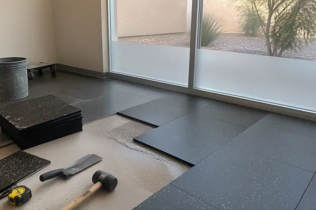 Contractor photo of rubber floor tile repair at a commercial job site in Mesa, AZ.