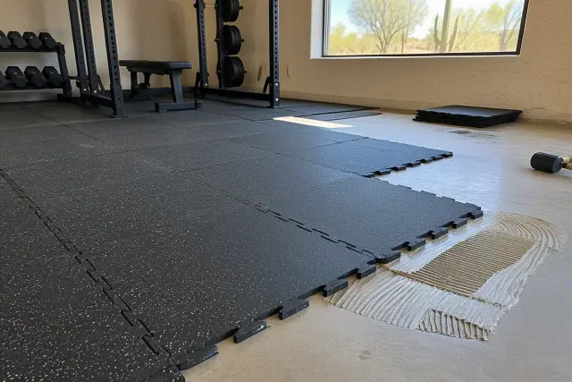Installing rubber floor tiles with adhesive residue in a Mesa, AZ fitness weightlifting zone.