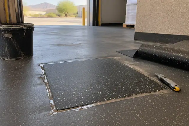 Technician repairing industrial rubber sheet flooring in a Mesa, AZ commercial facility.