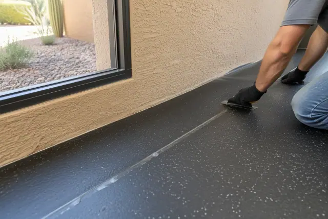Fresh urethane adhesive squeeze-out along a newly fitted rolled rubber flooring seam in Mesa, AZ.