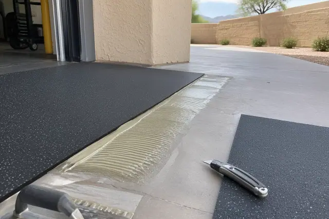 Contractor repairing anti-fatigue rubber flooring with fresh adhesive and a utility knife at an industrial facility in Mesa