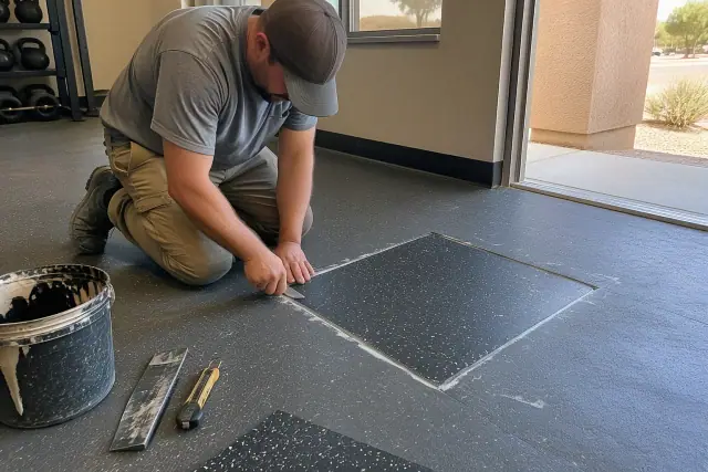 Technician repairing commercial sheet rubber flooring by cutting and replacing a torn section in Chandler, AZ.