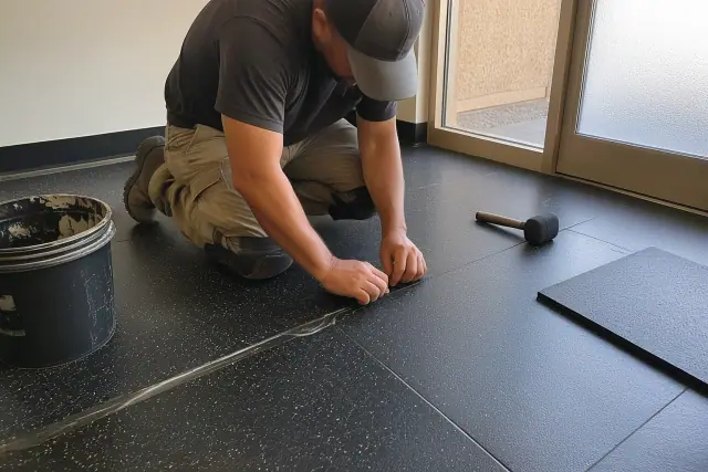 Black rubber tile flooring repair with fresh adhesive seam in Gilbert, AZ.