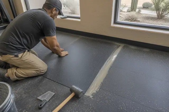 Technician repairing commercial sheet rubber flooring with an adhesive seam in Tempe, AZ.