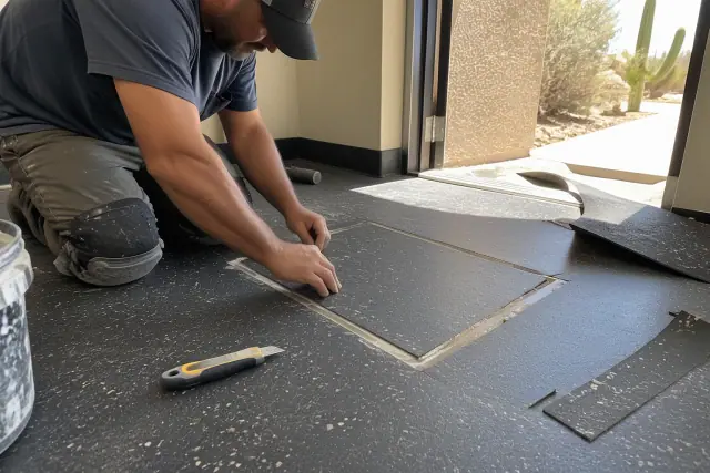 Technician cutting and replacing a torn section of commercial sheet rubber flooring in Paradise Valley, AZ.