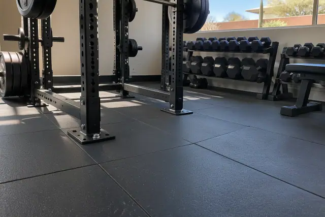Rubber flooring installation under heavy barbell racks at a gym jobsite in Mesa, AZ.
