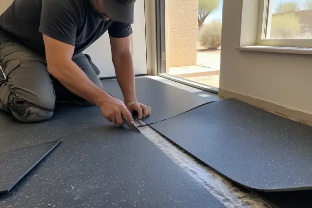 Technician repairing sheet rubber flooring with a utility knife in Phoenix, AZ.