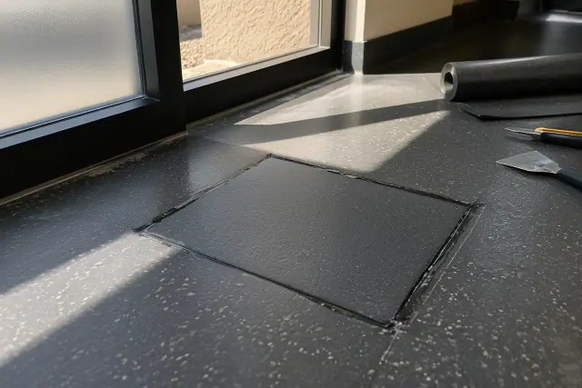 Rubber flooring repair in Queen Creek, AZ, showing a fresh patch fitted into commercial sheet flooring.