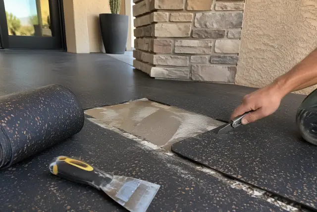 Contractor cutting and replacing damaged commercial sheet rubber flooring in Fountain Hills, AZ.