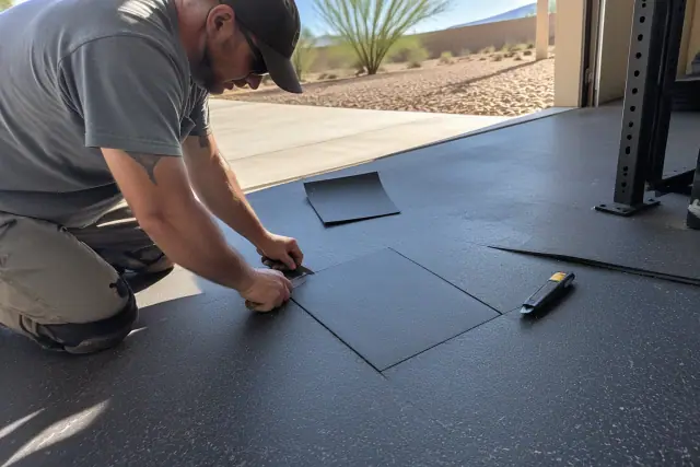 Technician repairing torn commercial sheet rubber flooring in Apache Junction, AZ.