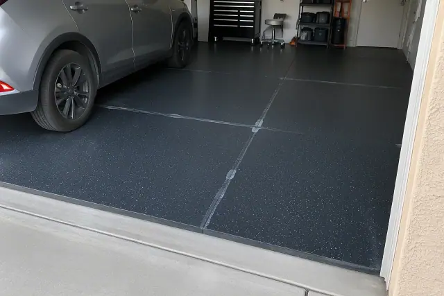 Garage rubber flooring repair and replacement in Mesa, AZ, showing newly fitted sections and seam adhesive.