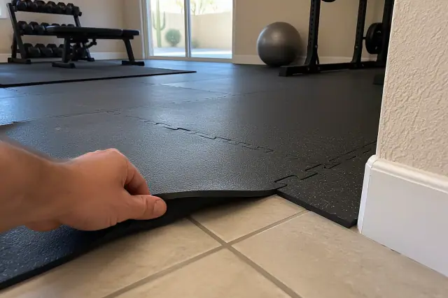 Black rubber underlayment lifting over ceramic tile grout in a Mesa, AZ basement exercise space.