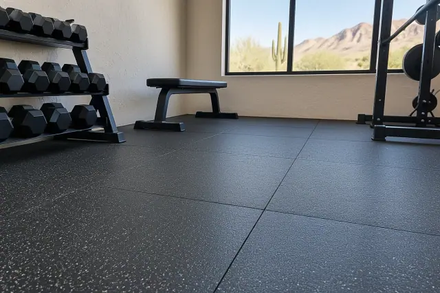 Recycled rubber gym flooring installed at a fitness center in Mesa, AZ.