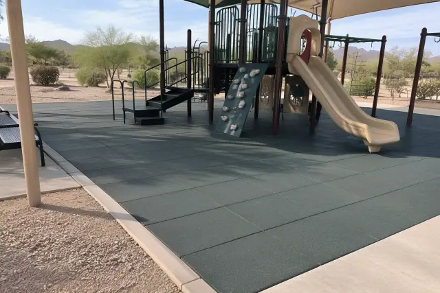 Rubber floor tile installation beneath a recreation park play structure in Mesa, AZ.