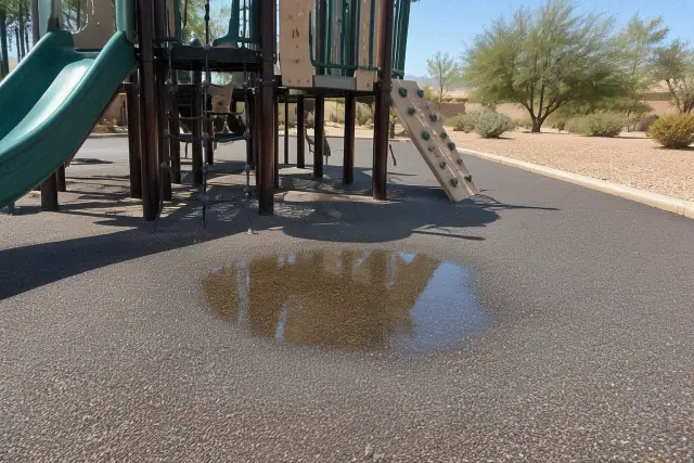 Standing water pooling on poured rubber playground surfacing at a jobsite in Mesa, AZ.