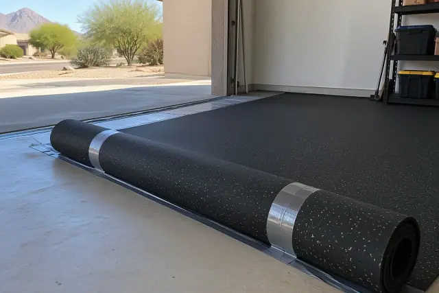 Tape-secured rolled rubber flooring on a residential garage concrete floor in Mesa, AZ.