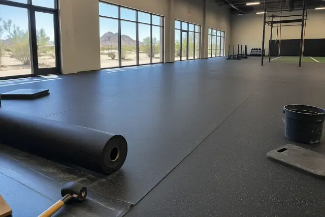 Contractor progress photo of rolled rubber flooring installation at a sports facility in Mesa, AZ.