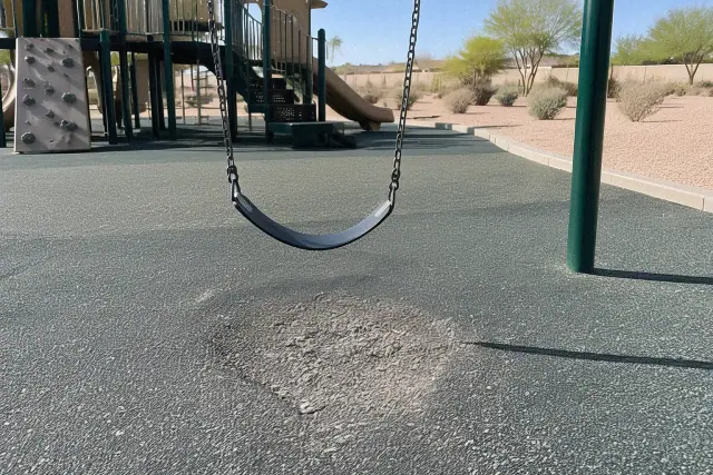 Worn rubber safety surfacing showing reduced thickness beneath a swing in Mesa, AZ.