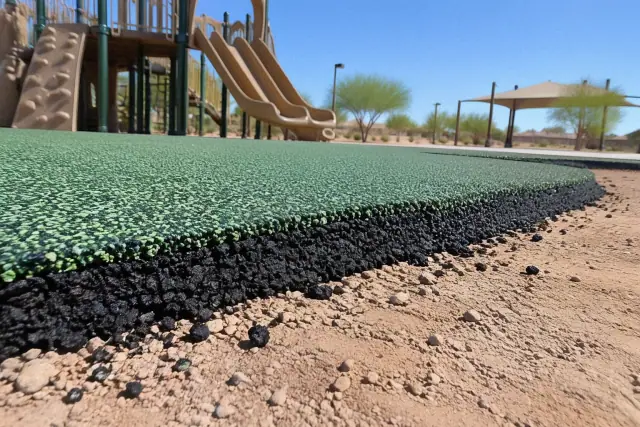 Two-layer poured rubber safety flooring cross-section installed at a recreation park play structure in Mesa, AZ.