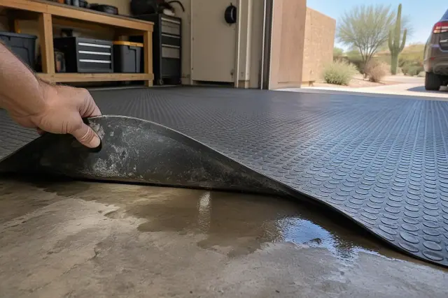 Water trapped beneath a heavy rubber mat on a garage floor in Mesa, AZ.
