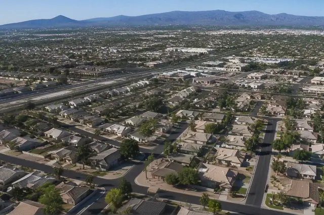 Aerial drone view of residential neighborhoods and road networks in Mesa, AZ under daylight.