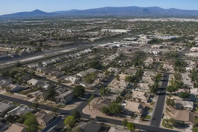 Aerial drone view of residential neighborhoods and road networks in Mesa, AZ under daylight.