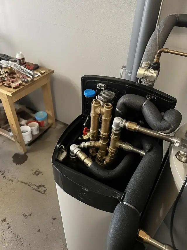 Brass water filtration control valves and piping being repaired in a garage in Mesa, AZ.