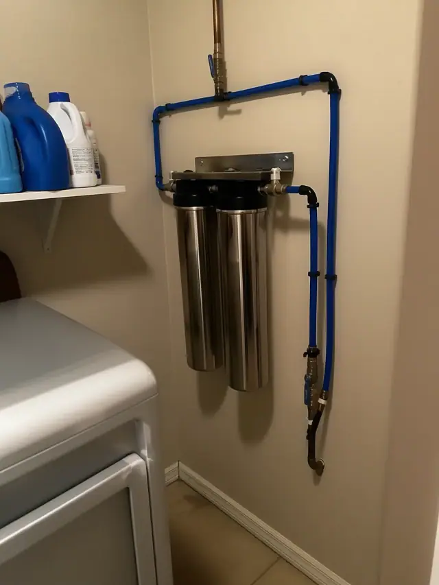 Newly installed whole house water filtration system in a Chandler, AZ laundry room.