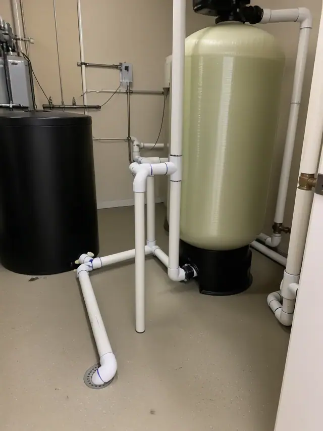 Completed water filtration system repair with new PVC drain lines in a commercial mechanical room in Mesa, AZ.