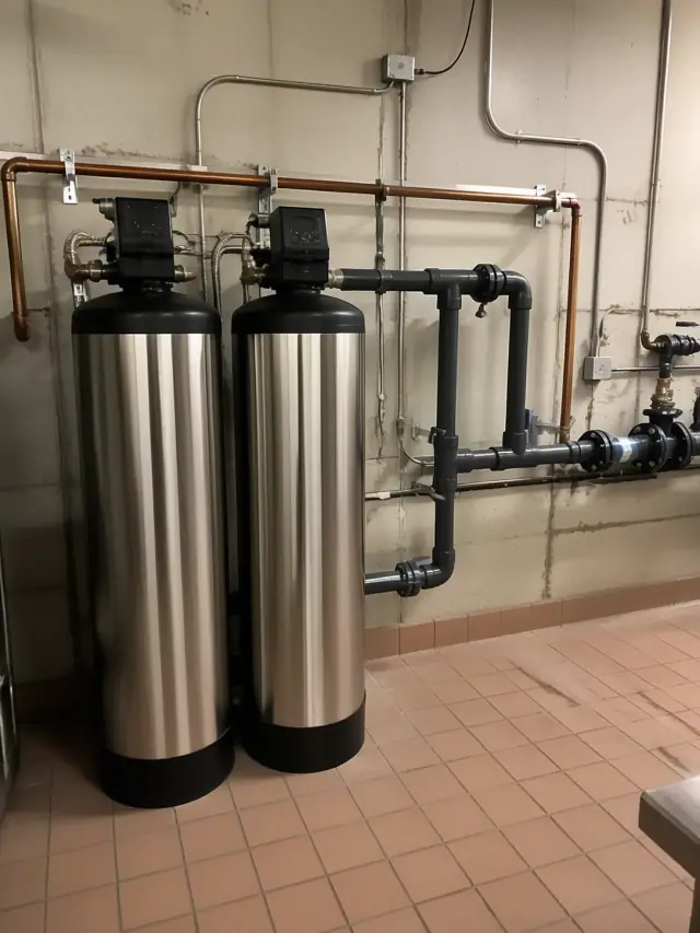 Two stainless steel water softener tanks installed in a commercial restaurant mechanical room in Mesa, AZ.