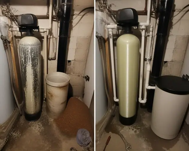 Before and after comparison of a water filtration resin bed replacement in a utility room in Mesa, AZ.