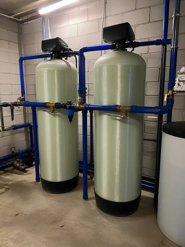 Industrial water softener tanks with blue piping and brass valves installed in a mechanical room in Mesa, AZ.