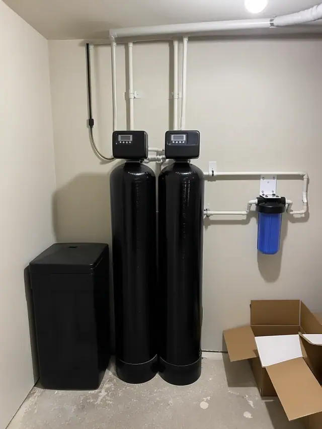 Newly installed water filtration system with two white resin tanks in a Mesa, AZ home utility room.