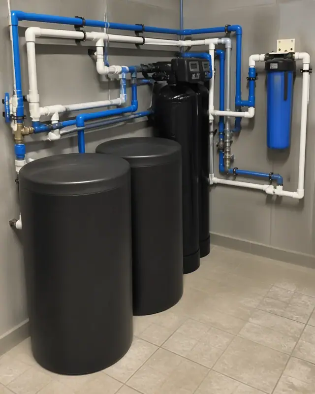 Commercial water softener installation with industrial tanks and blue PVC piping in a Scottsdale, AZ retail service room.