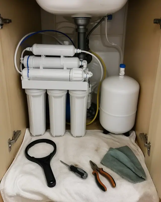 Freshly serviced reverse osmosis water filter system under a kitchen sink in a Mesa, AZ home.