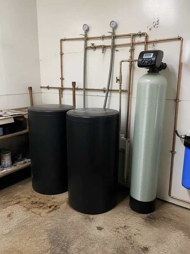 Commercial water softener installation with industrial tanks and copper piping in an Apache Junction, AZ shop.