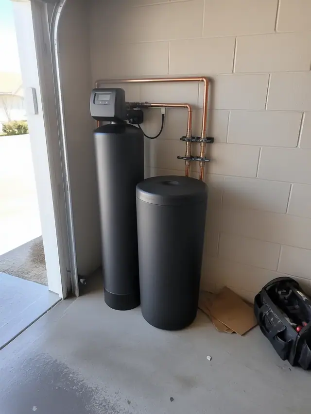 Newly installed salt water softener with copper piping in a residential garage in Mesa, AZ.
