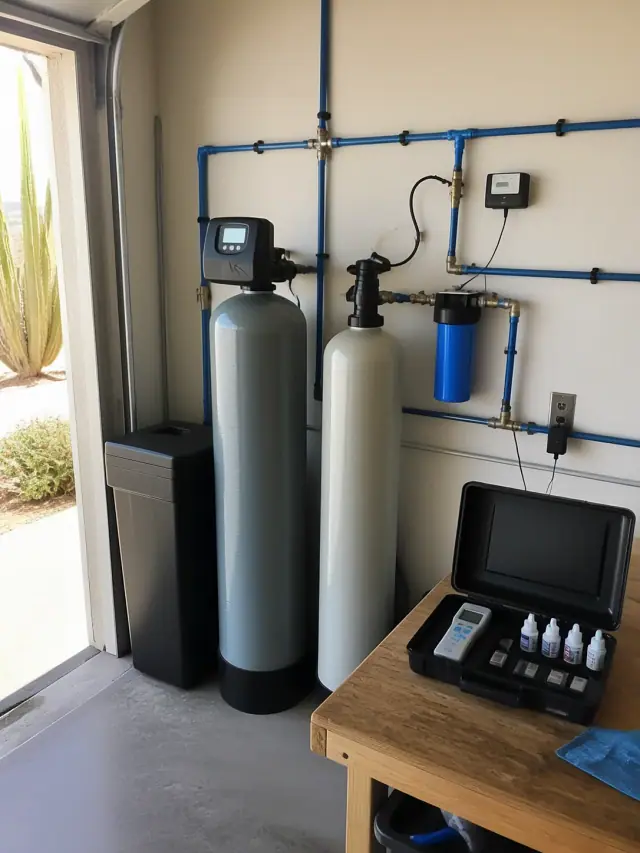 Water filtration system with blue PEX plumbing installed in a garage in Mesa, AZ.