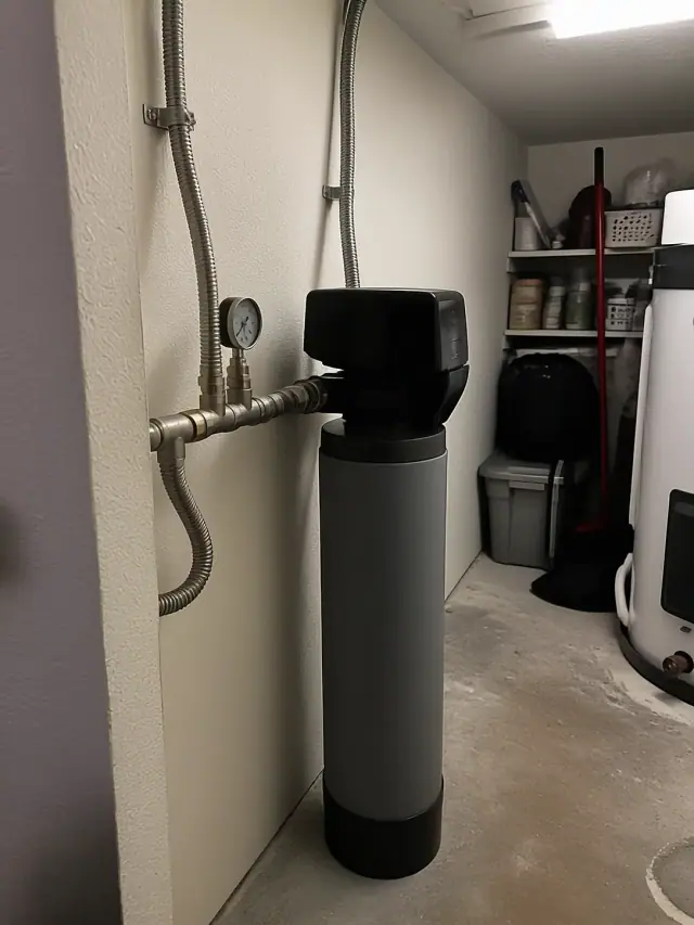 Saltless water softener installation with stainless steel pipes in a Tempe, AZ apartment utility room.
