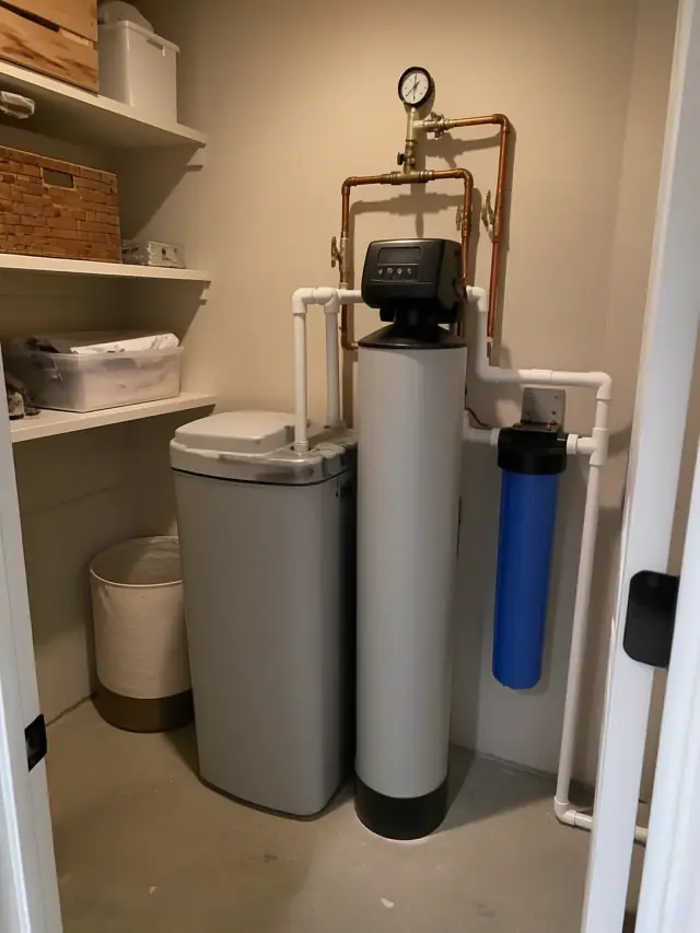Water softener and carbon filtration system installed in a residential pantry in Scottsdale, AZ.