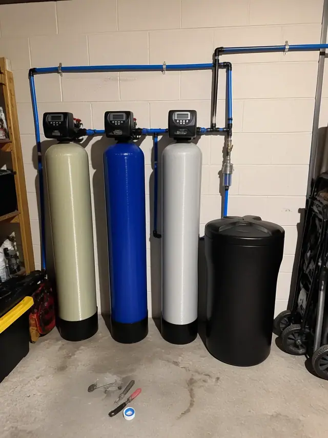 Water filtration system with three tanks and blue piping installed in a garage in Mesa, AZ.