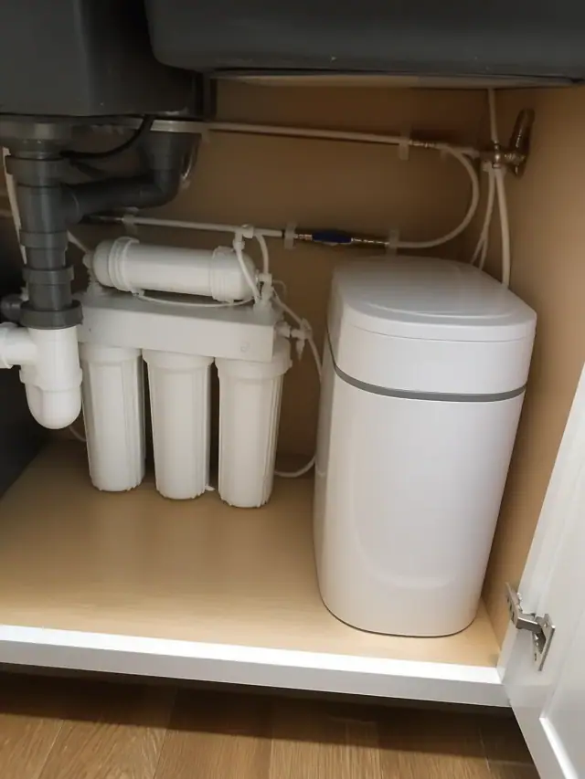 A compact water filtration system and softener installed under a kitchen sink in a home in Mesa, AZ.