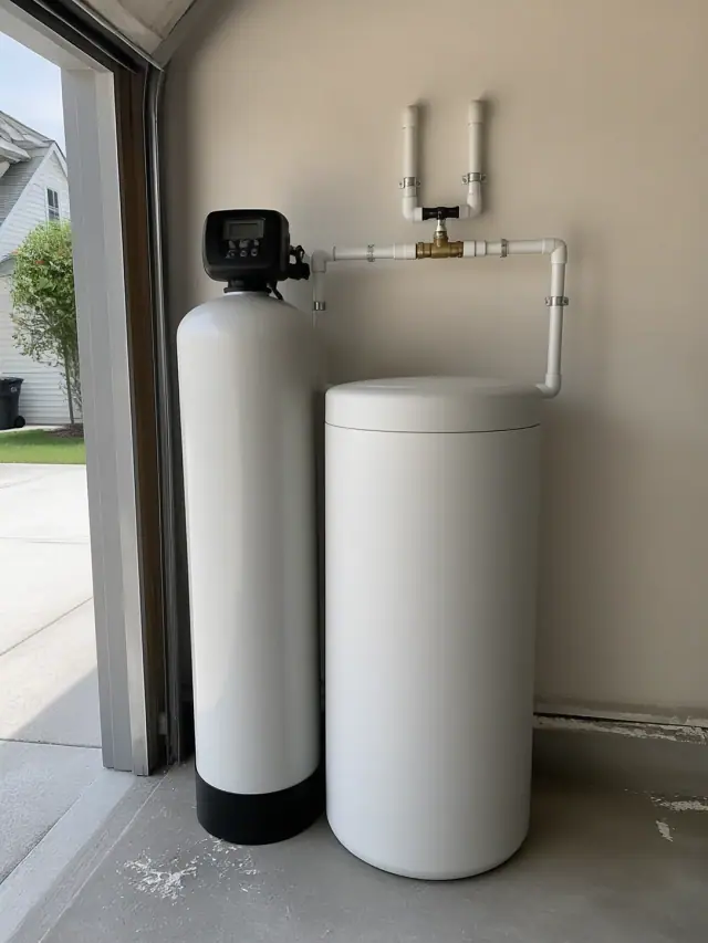 Salt-based water filtration system with two white tanks installed in a residential garage in Mesa, AZ.