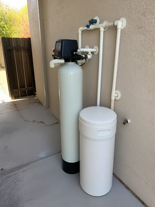Newly installed residential water softener system with PVC piping against a house wall in Tempe, AZ.
